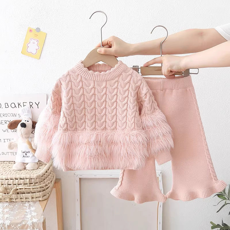 Girls' faux mink two-piece sweater set -  autumn/winter new collection - baby girl crewneck sweater and pants outfit