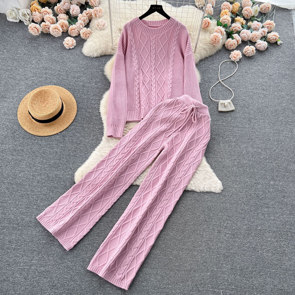 Fashionsuit women's french gentle style loosecable stitchsweatersweaterhigh waistslimming lookdrapedpantstwo-piece set