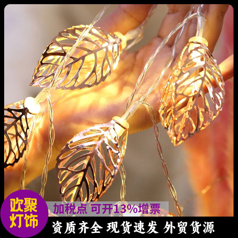 LED gold leaf light string wrought iron 3D hollow leaf string light Christmas light with decorative lights flash wholesale energy saving