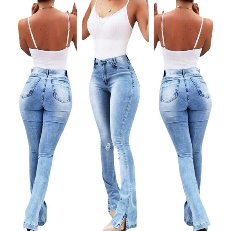 fashion  spring new  fashion stretch slit flare high waistjeans women's pants