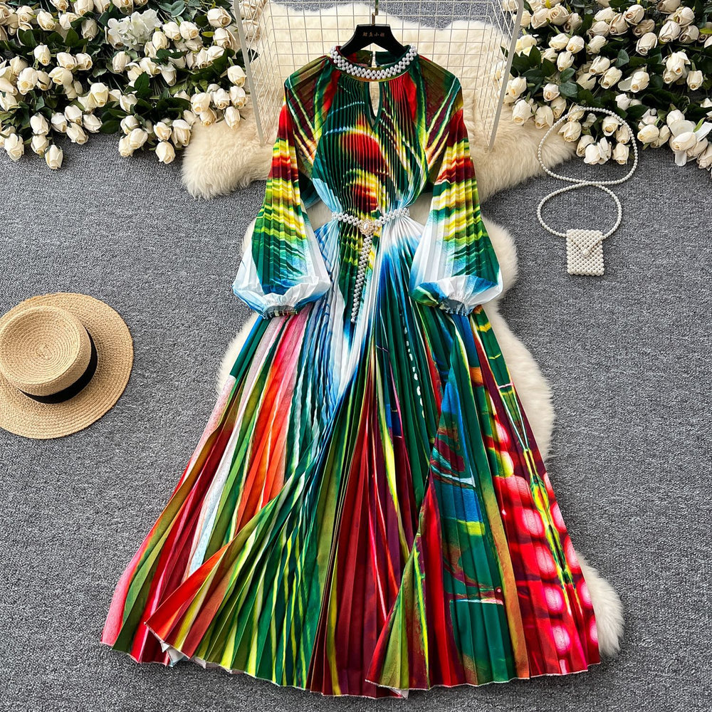 European and american high-end elegant women's fashion beaded round neck hollow-out pleated lantern sleeve cinched waist printed maxi dress