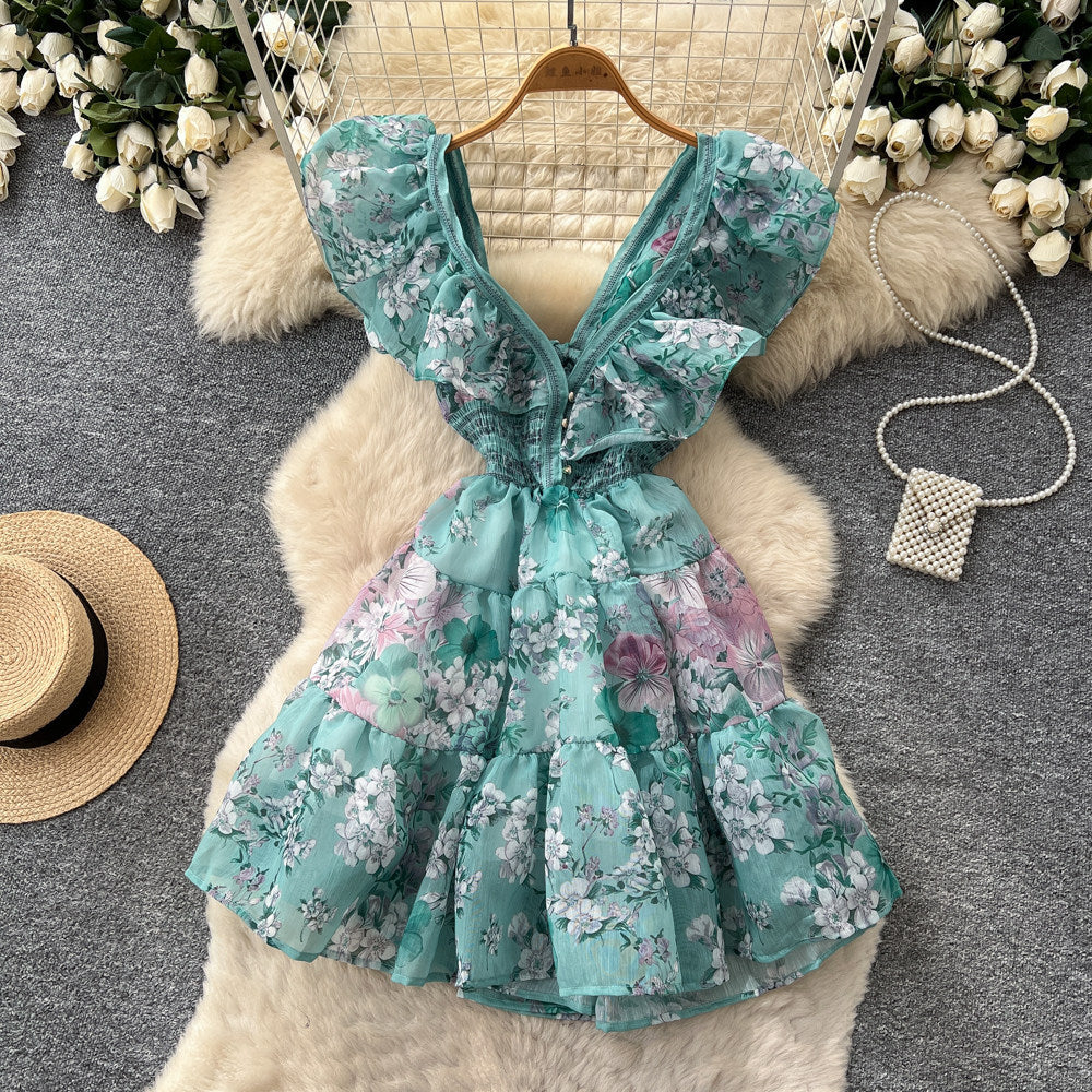 K-style floral sleeveless waistless dress women's summerrufflesv neckhigh waist a-line skirt work clothing pink skirt