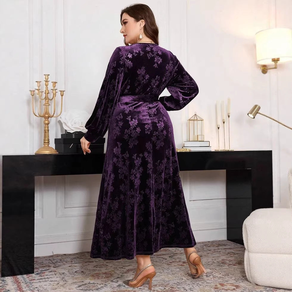 fashioncross-borderplus size women's silm long skirt gold velvet slimming look embossed long sleevesdress