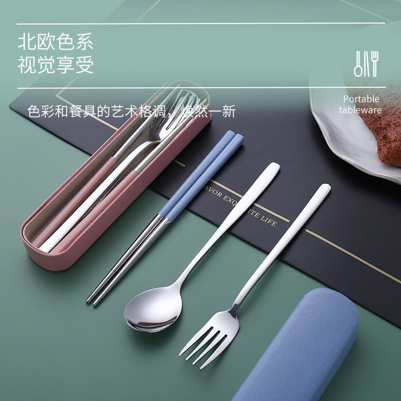 Daoqi Stainless Steel Portable Tableware Set Outdoor Travel Tableware Three-piece Set Storage Pull Box Spoon Fork Chopsticks Wholesale