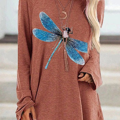 2025 amazon wish european and american new women's long-sleeve crew neck dragonfly print plus size t-shirt - casual and versatile