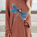 2025 amazon wish european and american new women's long-sleeve crew neck dragonfly print plus size t-shirt - casual and versatile