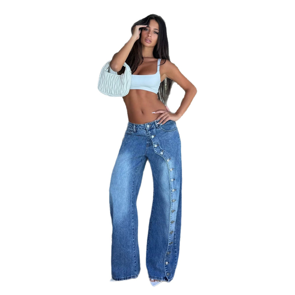 Fashionjeans women's diagonal button misaligned waist gradient blue washed retrohigh waist wide leg mop denim pants