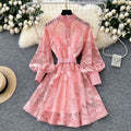 French high-end elegant women's dress - court style tie-waist, hollow-out embroidery, single-breasted a-line skirt