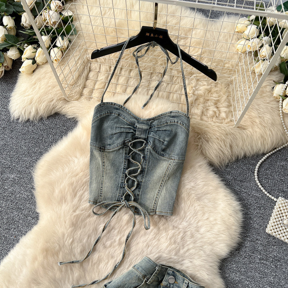 American retro hot girl halter tie-up cropped denim vest + high-waisted slimming fishtail midi skirt two-piece set