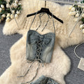 American retro hot girl halter tie-up cropped denim vest + high-waisted slimming fishtail midi skirt two-piece set