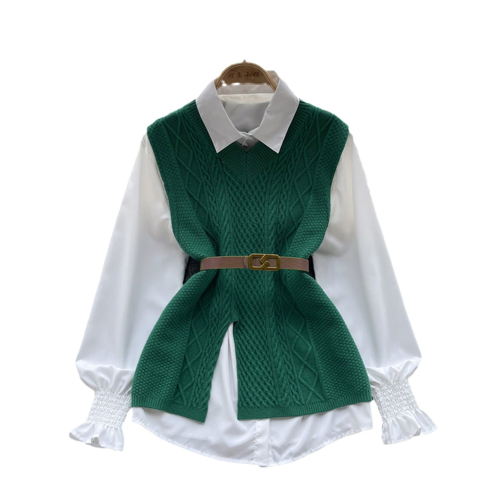 Korean style chic fashion set: women's casual loose long-sleeve shirt + cinched waist v-neck sleeveless knit vest two-piece outfit