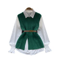 Korean style chic fashion set: women's casual loose long-sleeve shirt + cinched waist v-neck sleeveless knit vest two-piece outfit