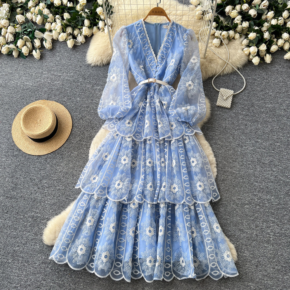 French chic v-neck embroidered maxi dress - women's long sleeve, slim fit, a-line, elegant and flowy