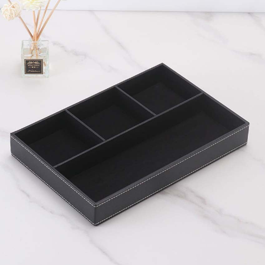 Desktop multi-purpose leather stationery storage tray PU material four-grid storage box pencil case with grid tray