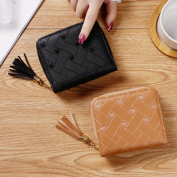 [Event Promotion] Simple plaid embroidered small wallet female zipper cute change bag student card bag short