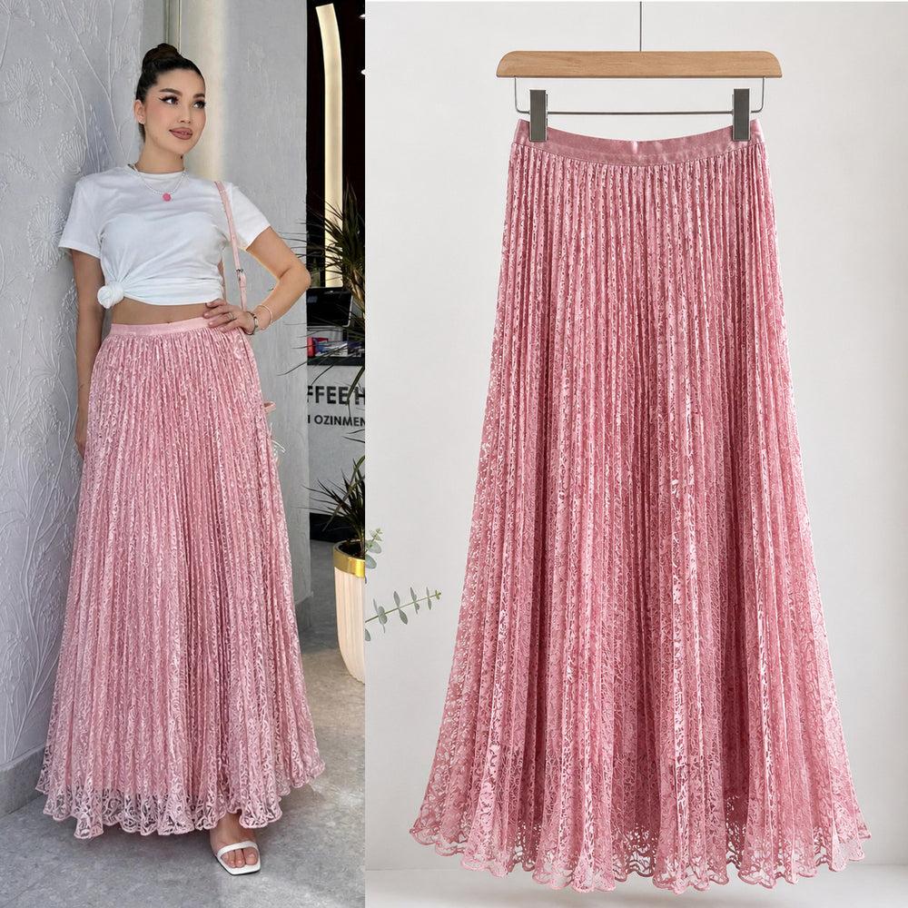 Fashionexport cross-border fashion high waistsweetlacepleated skirt long skirt a-line skirt slimming lookeasiest for matchwork clothing
