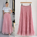 Fashionexport cross-border fashion high waistsweetlacepleated skirt long skirt a-line skirt slimming lookeasiest for matchwork clothing