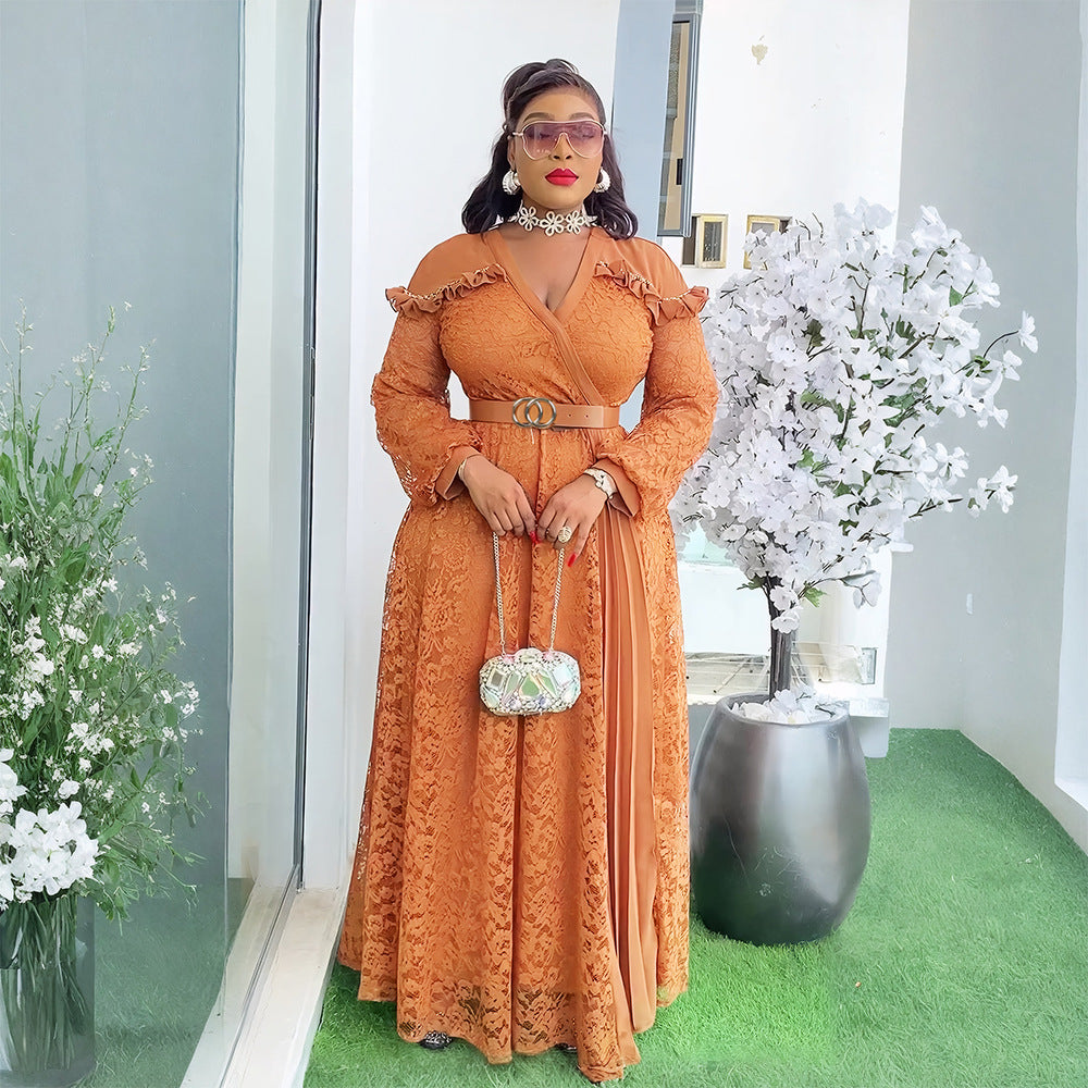 Amazon fashion cross-border export young lady style waist patchwork lace dress women's plus size elegance long skirt