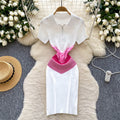 Korean chic retro color block knit dress - women's  summer slim fit polo collar short sleeve bodycon dress