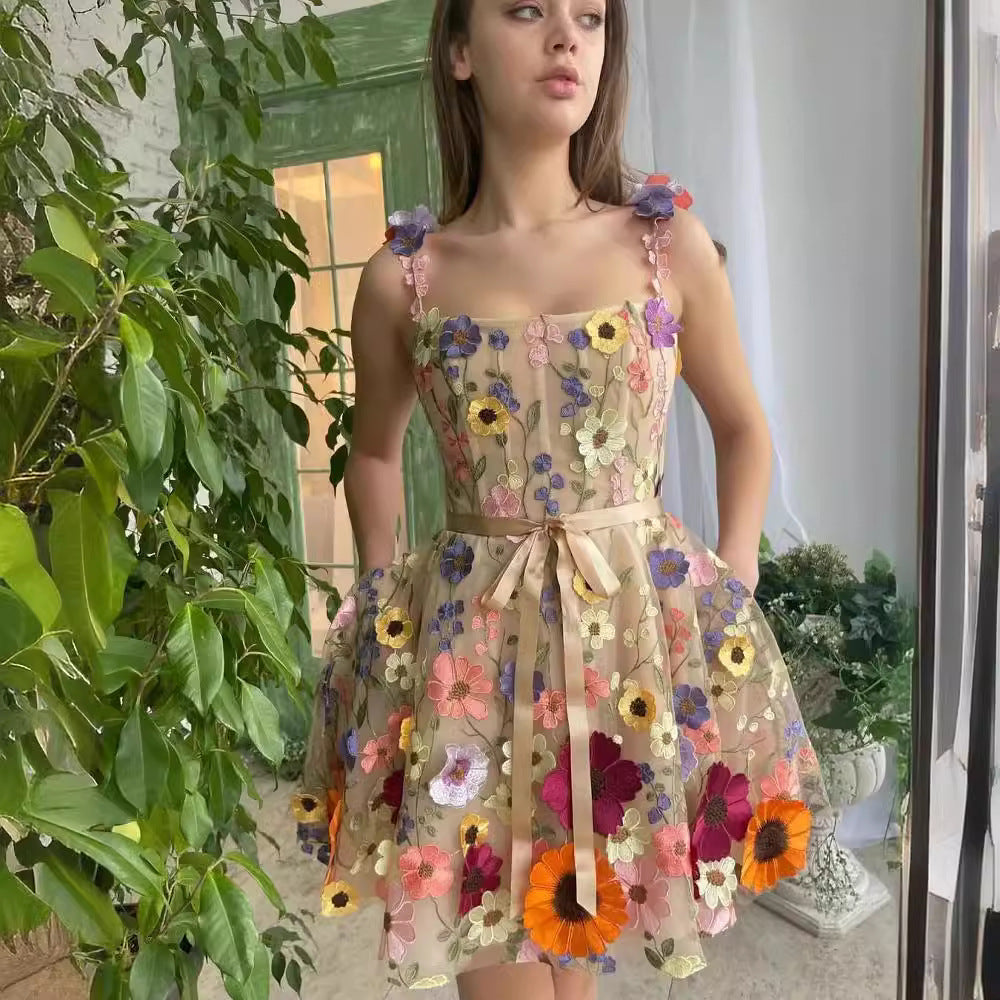 new european and american cross-border  independent station women's 3d floral embroidered bodycon sexy dress