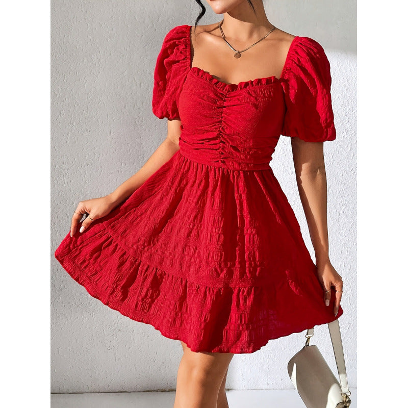 cross-border new women's babydoll dress with heart neckline, short sleeves, and puff sleeves