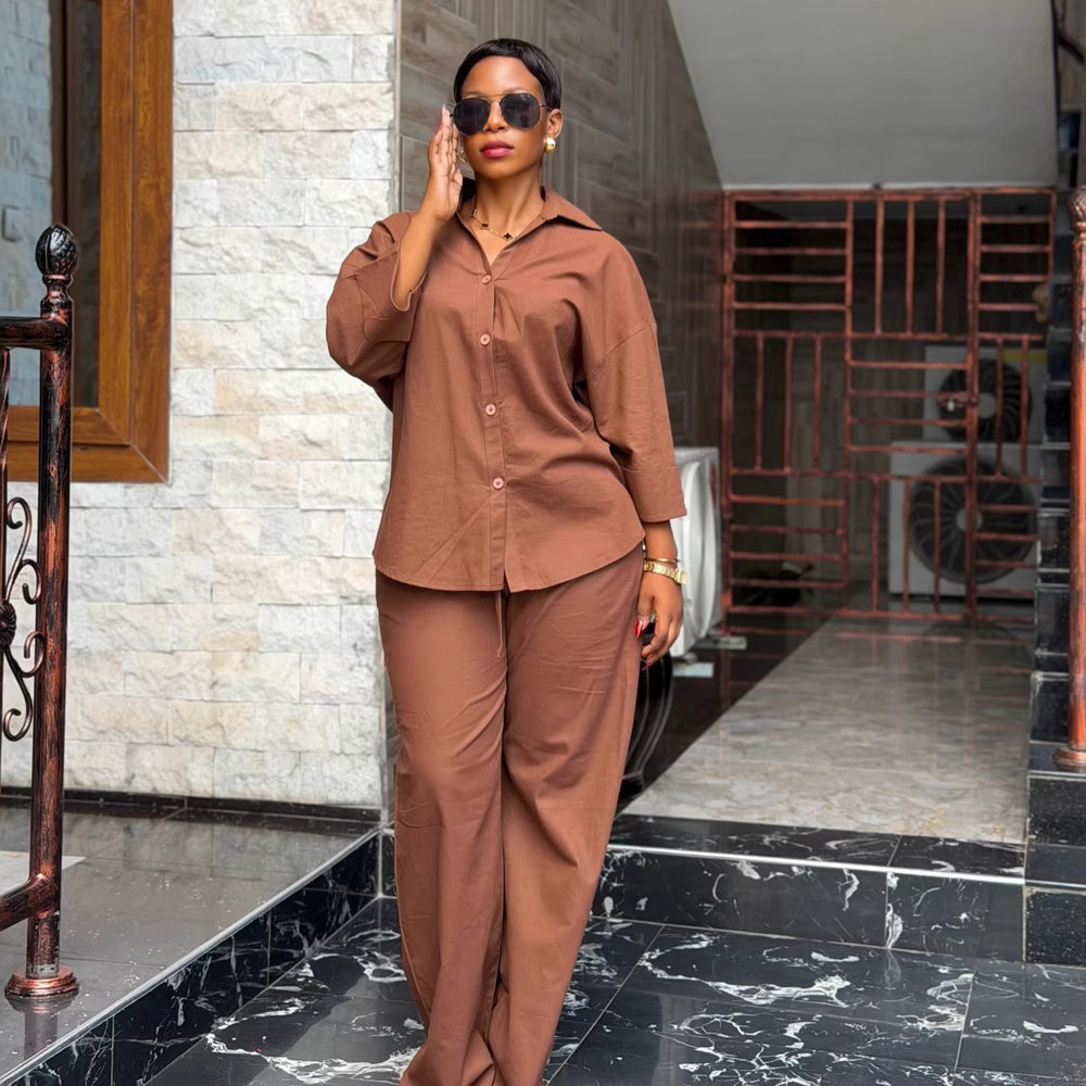 European and american cross-border women's clothing  summer new arrivals: african-style plus size loose fit turn-down collar shirt and wide-leg pants casual set