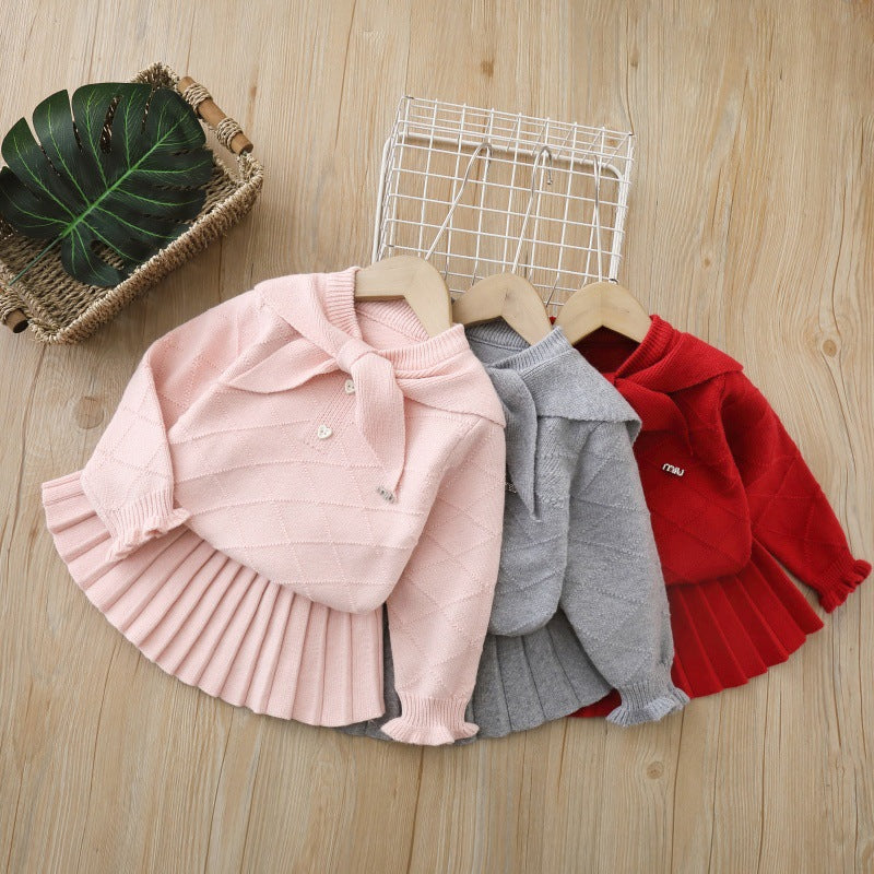Girls' knitted sweater dress set - new autumn  collection: navy collar two-piece set, preppy style