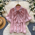 French court style breathable ruffle blouse - women's short sleeve lantern sleeve single-breasted satin-like commute top