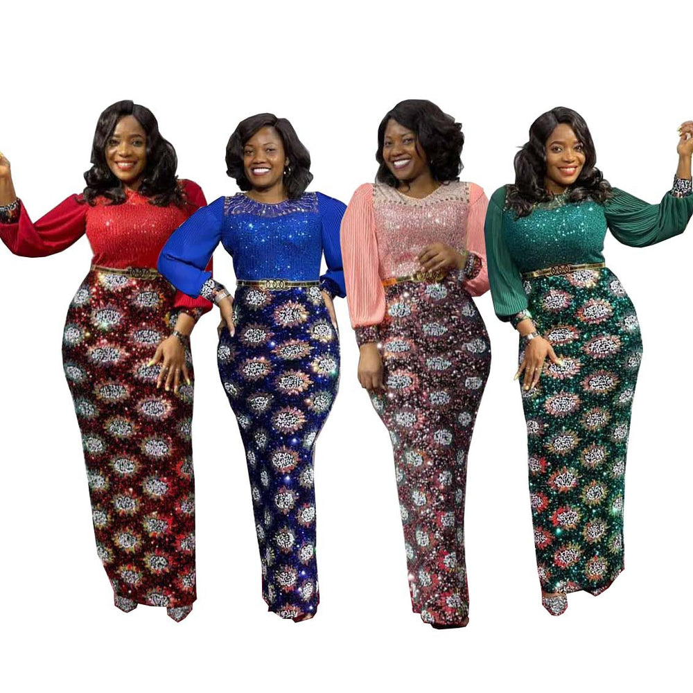 fashion african european style elastic sequin silm hip dress daily long skirt pleated long sleeves
