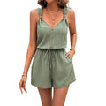 Women's knotted rope strap v-neck bodysuit sleeveless button-front tie waist short jumpsuit with pockets for beach