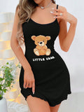 Bear print cami slip dress - women's summer comfort loungewear, sexy mini dress (can be worn outside)
