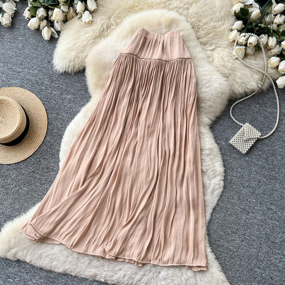 K-style high waist pleated draped skirt women's spring summer a-line large hem work clothingelegant long skirt gentle multi-color