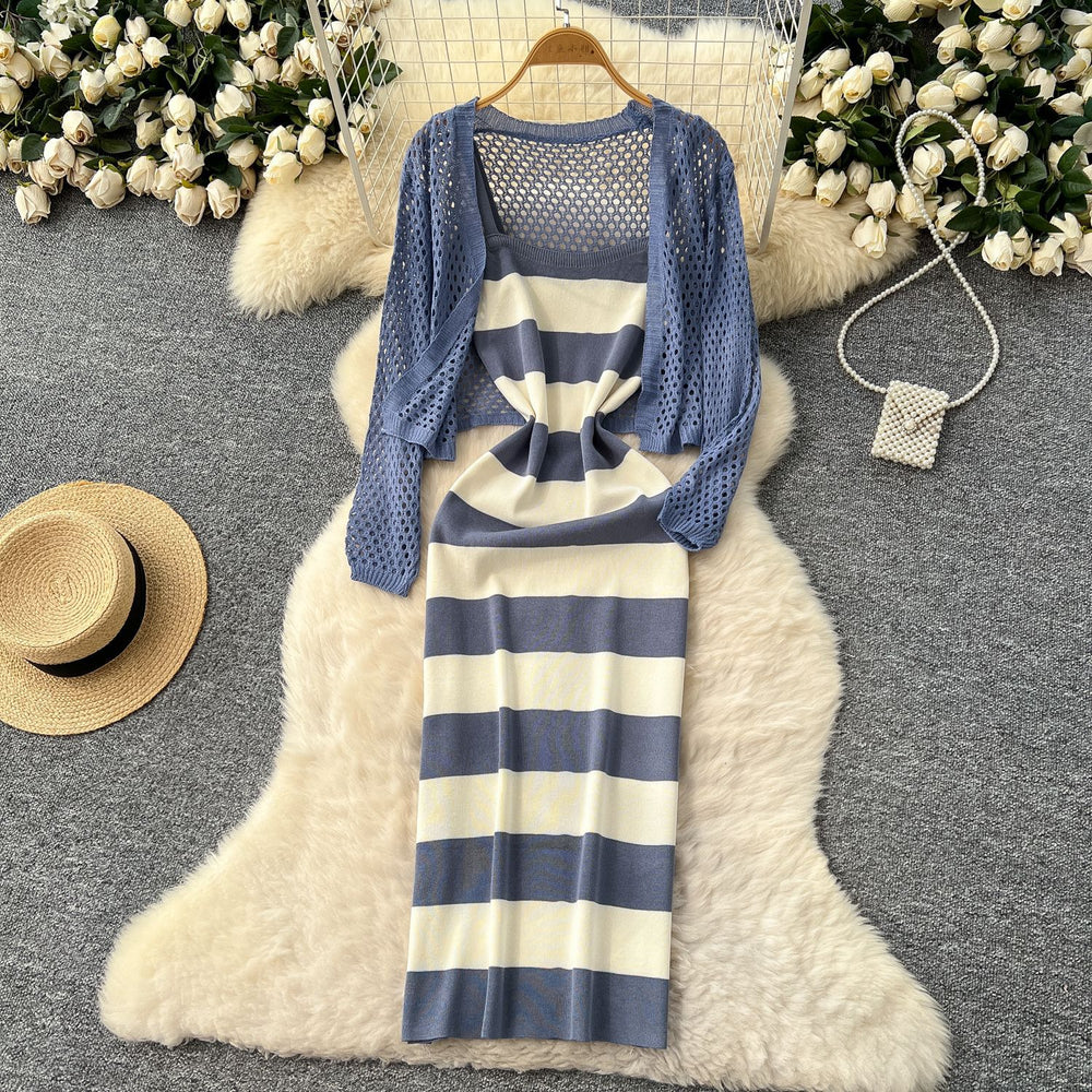 Striped knit cami dress + crochet openwork sun protection cardigan set - chic & elegant summer outfit for women