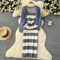 Striped knit cami dress + crochet openwork sun protection cardigan set - chic & elegant summer outfit for women