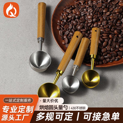 Custom 430 stainless steel round-head measuring spoons for baking, with beech wood handles – wholesale for home use and bubble tea shops