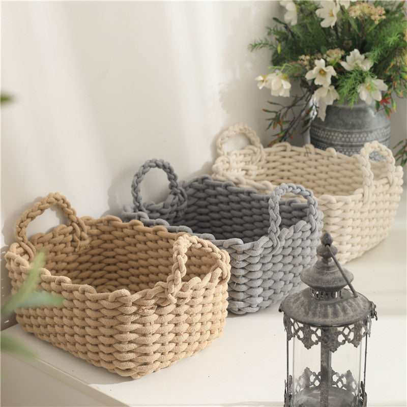 Japanese toys, cosmetics, woven cotton rope storage box, simple storage basket, snack key, desktop sundries basket, spot.