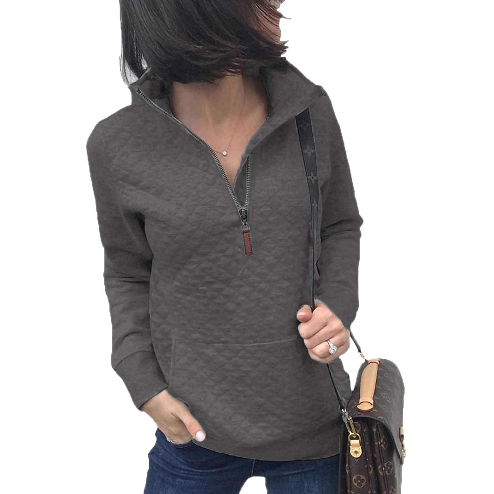 cross-border spring/autumn european and american zip-up pullover quilted sweatshirt knitted long sleeve mock neck pullover with pockets pol