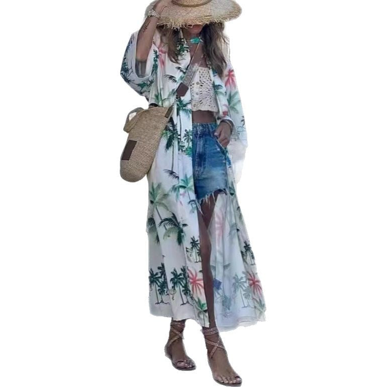 Europe, America and   2025 summer new casual printing long sunscreen shawl cardigan jacket women
