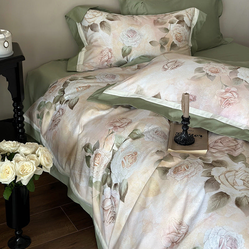 Spring and summer pastoral 100S long-staple cotton digital printing four-piece cotton wide-edge quilt cover for sleeping naked on a pure cotton bed