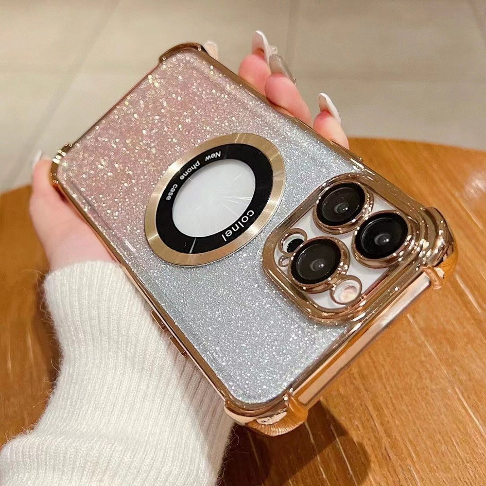 Suitable for iphone17pro electroplated four-corner lens film mobile phone case apple 15 glitter magnetic holder protective cover