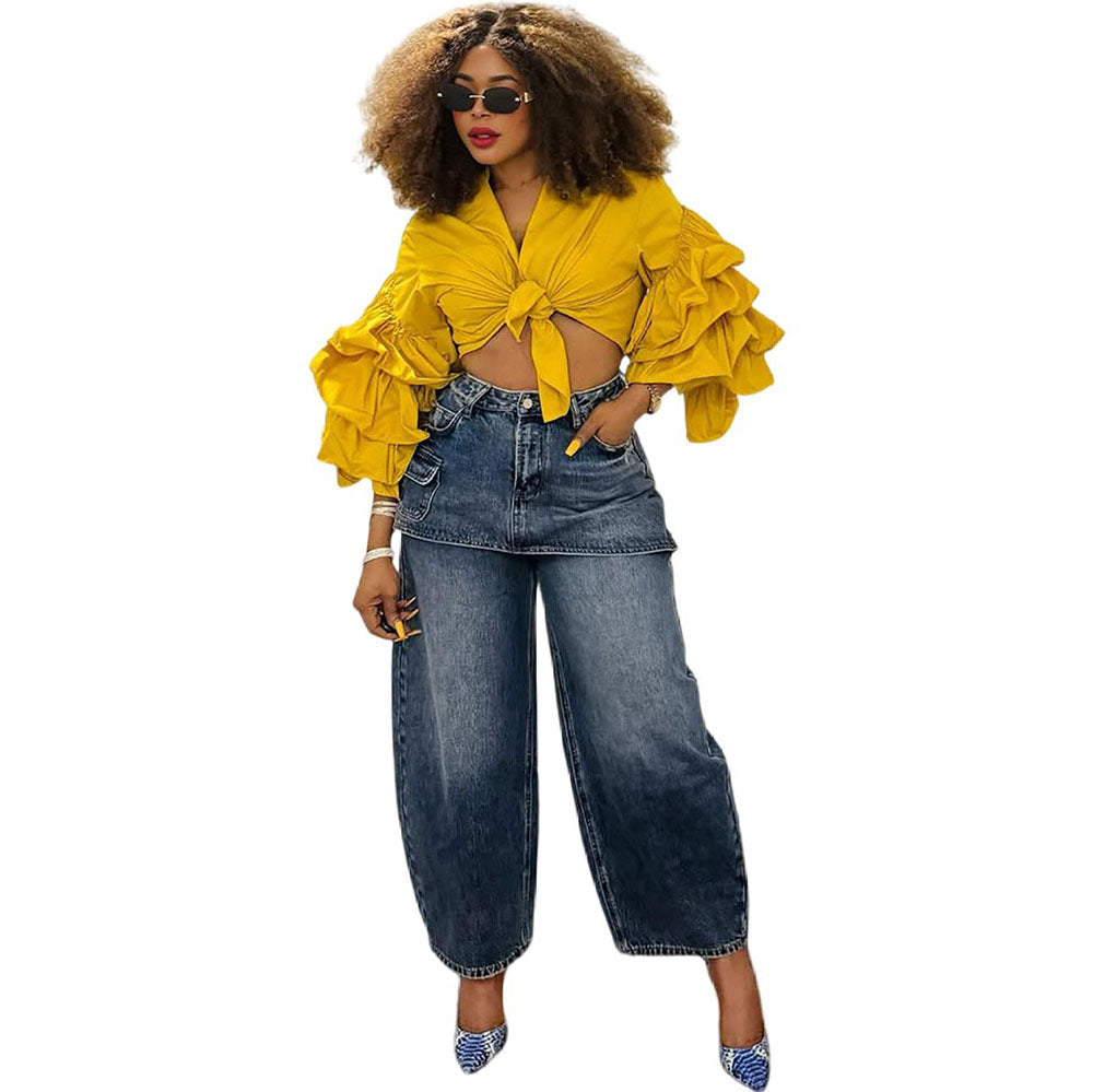 European and american style fake skirt jeans  cross-border women's clothing fashionstylishpatchwork high waist short skirt straight-legpants