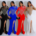 C6825 cross-border   fashion women's solid color mesh rhinestone slit maxi dress