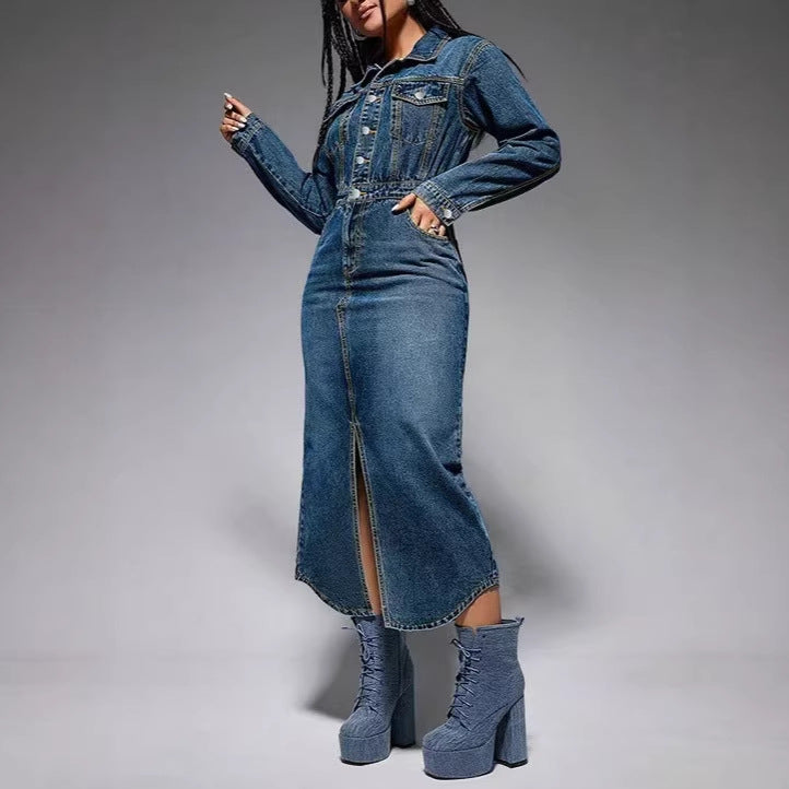Amazon independent station  cross-border women's lapel button long sleeves slit new arrival denim longdress
