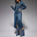 Amazon independent station  cross-border women's lapel button long sleeves slit new arrival denim longdress