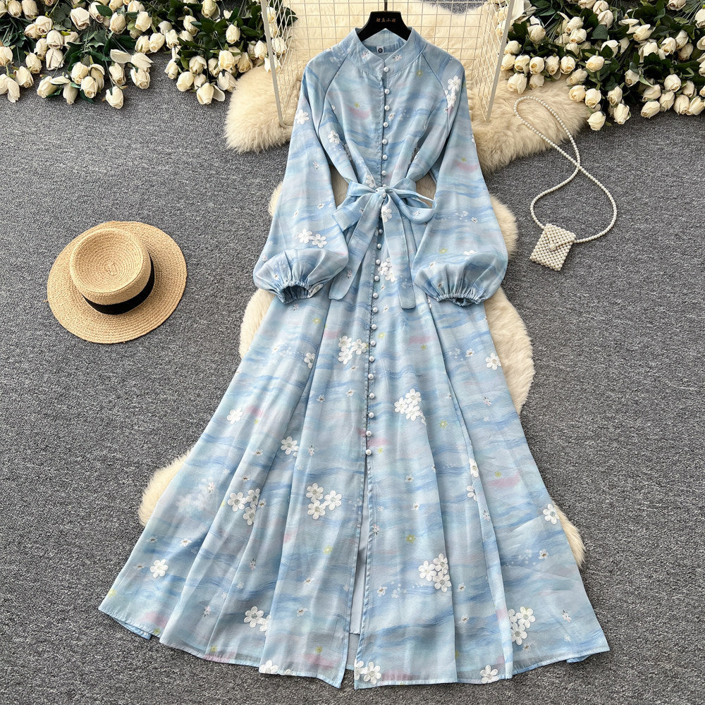 French romantic lantern sleeve printed dress - women's summer slimming a-line maxi dress - elegant workwear