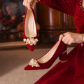 Xiuhe wedding shoes for women, red thick heel, not tiring feet, bridal shoes, 2024 new arrival, chinoiserie pointed toe wedding toast shoes