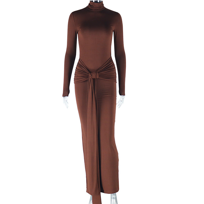 European and american style ins foreign trade women's solid color round neck long sleeve dress - mid-waist tie belt flowy elegant dress