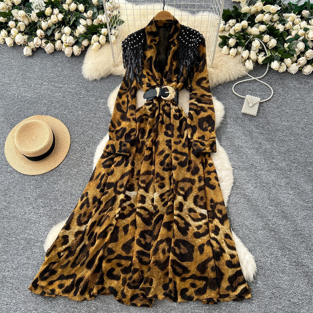 High-end fashionabledress women's french beading sequinembroiderv neck waist long sleeves leopard print printingelegance long skirt