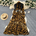 High-end fashionabledress women's french beading sequinembroiderv neck waist long sleeves leopard print printingelegance long skirt
