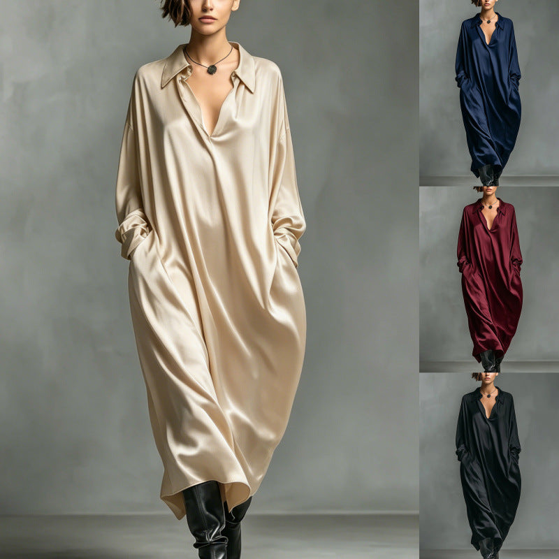 European and american cross-border new solid color satin long sleeve shirt dress